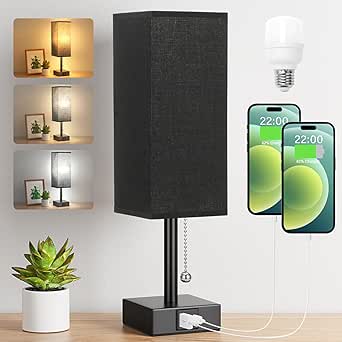 Aooshine Bedside Lamp, Table Lamp for Bedroom, Lamp with USB C+A Charging Ports, Small Lamp with 3-Color Modes with Pull Chain, Lamps with Black Fabric Shade(LED Bulb Included)[Energy Class F]