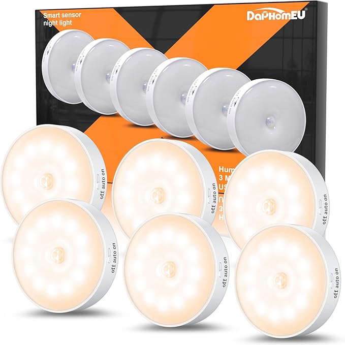 Motion Sensor Lights Indoor,Warm 6 Pack Wireless USB Rechargeable Cupboard Lights,Stick on Wall Night Light,Battery Operated for stair wardrobe Corridors Closet under cabinet kitchen Puck lights.[Energy Class A]