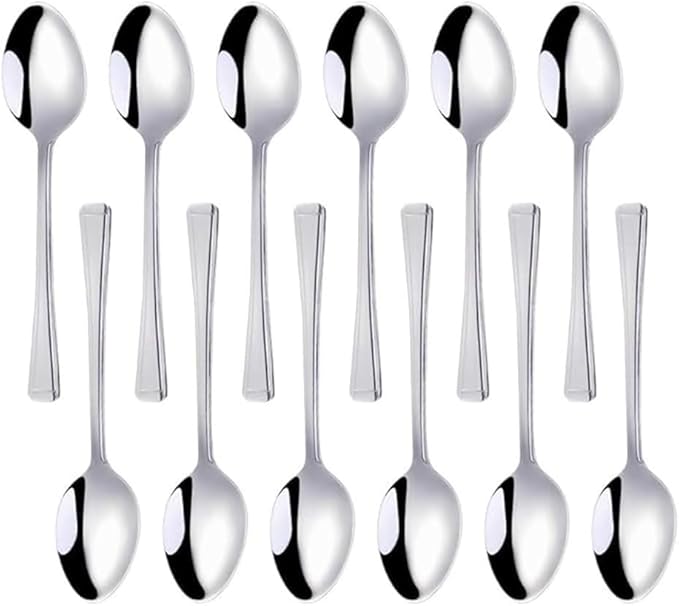 Acense Teaspoons Set of 12 Stainless Steel Table Teaspoon Tea Stirring Spoons Long Handle Silver Plain Pattern Spoons Ideal for Coffee Cafe Latte Espresso Hot Chocolate.