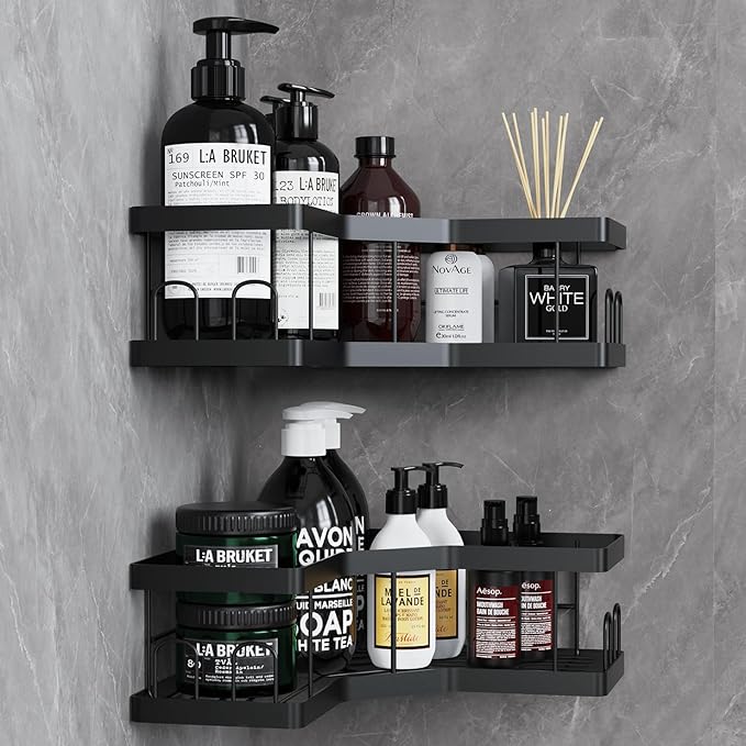 AceMining Shower Caddy, 2 Pack Black Bathroom Shelves, Adhesive Shelf Storage No Drilling, Carbon Steel Shower Organiser, Rust-Resistant Caddy Corner, Soap Holder, Bathroom Accessory
