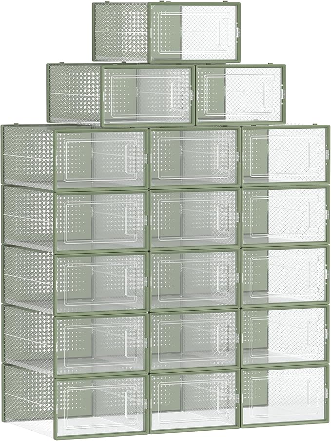 SONGMICS Shoe Boxes, Pack of 18 Stackable Shoe Storage Organisers, Foldable and Versatile for Sneakers, Fit up to UK Size 9.5, Transparent and Laurel Green LSP18SG30