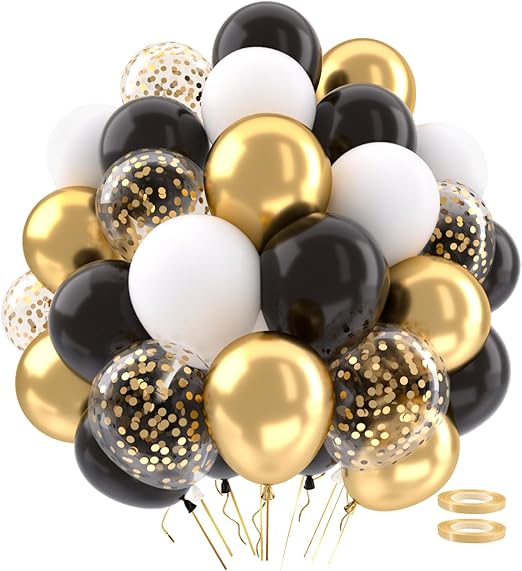 QIFU Black and Gold Balloons 62pcs, Metallic Gold White and Black Confetti Balloons Personalised Balloon with Ribbons for Men Boy Birthday Party Decorations New Year Graduation Anniversary Prom EID