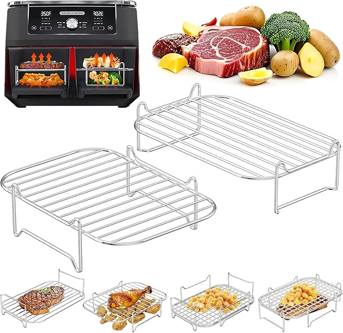 2Pcs Ninja Air Fryer Accessories, Air Fryer Racks 304 Stainless Steel, Airfryer Rack for Dual Drawer AF300UK AF400UK 7.6L-10.4L Compatible with Ninja, Cosori, Russell Hobbs Double Drawer Airfryer
