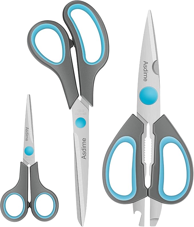 Kitchen Scissors, Sharp Stainless Steel Blades and Soft Handles, Multifunctional Scissors Set, 3PCs, Blue/Grey