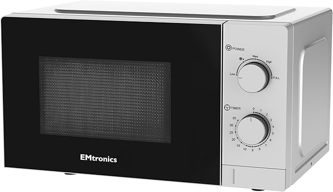 EMtronics 20 Litre 700W Manual Control Microwave with 5 Power Levels, Defrost Function, 35 Minute Timer and Cavity Light - Silver