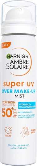 Garnier Ambre Solaire Over Makeup Super UV Protection Mist SPF50+, with Hyaluronic Acid and Vitamin E, Light Texture, Invisible Finish, Non-Greasy, Hydrates Skin 75ml