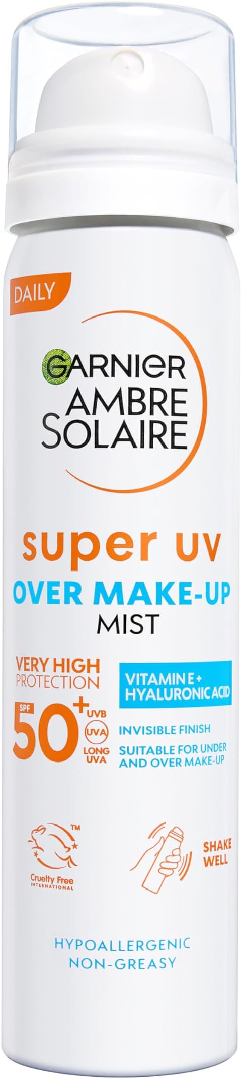 Garnier Ambre Solaire Over Makeup Super UV Protection Mist SPF50+, with Hyaluronic Acid and Vitamin E, Light Texture, Invisible Finish, Non-Greasy, Hydrates Skin 75ml