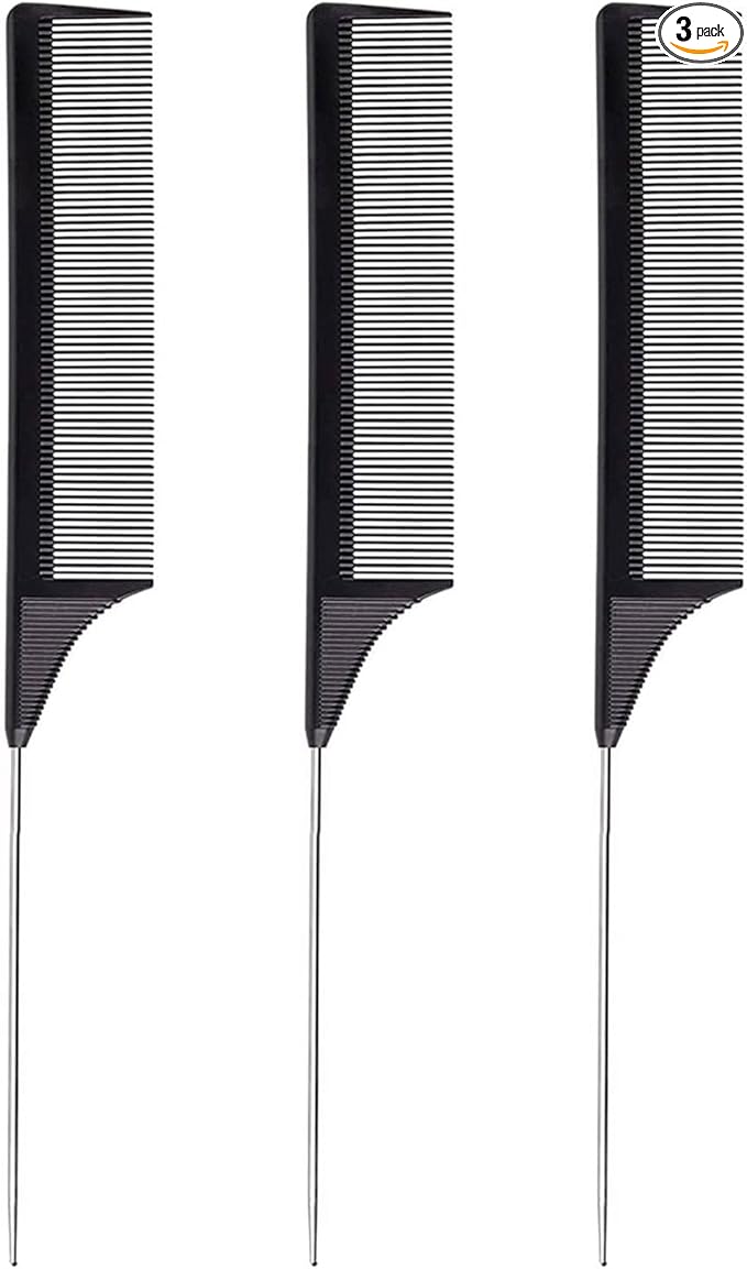 3 Pcs Tails Comb Set,Carbon Styling Rat Tail Hair Comb,Fiber Parting Comb,Wet Brush Hair Combs for Women Hair or Men Beard Texture Metal Comb Anti Static Pin Tail Comb Black Wide Tooth Comb