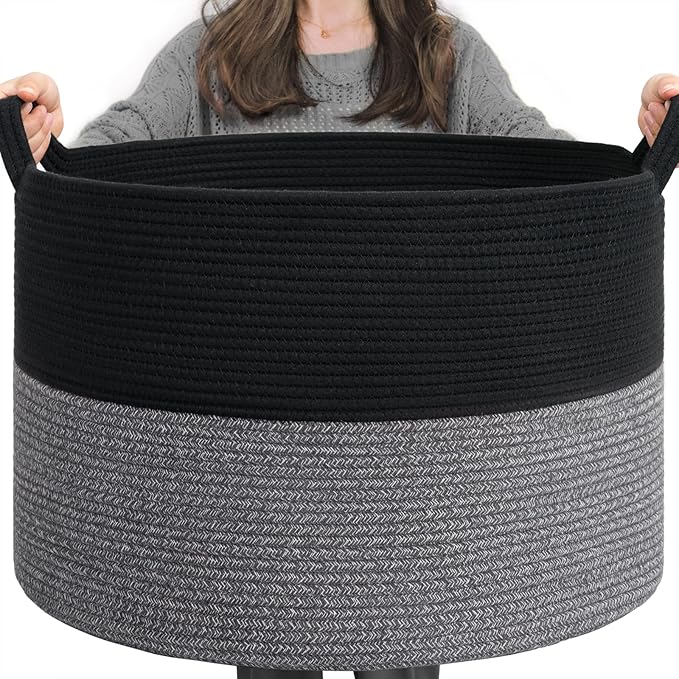 XXXLarge Storage Basket Blanket Basket Cotton Rope Baskets Woven Toy Baskets with Handle for Living Room Bedroom Comforter Cushions Storage Bin Thread Laundry Hamper, 55x35cm