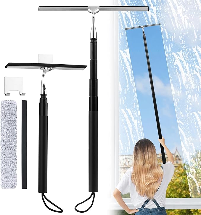 Window Squeegee for Home, 2 in 1 Window Washing kit with extension pole Long Handle Squeegee for Shower Glass Floor Tile Wall Car Windshield, 12 inch Wide, Black