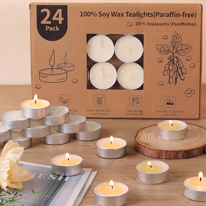 LETINE Soywax Tea Lights Candles Bulk 24 Pack, 4 Hour White Tea Lights Long Burning, Unscented Paraffin-Free Tealights for Valentines Day Wedding, Party Centerpieces, Emergency Use