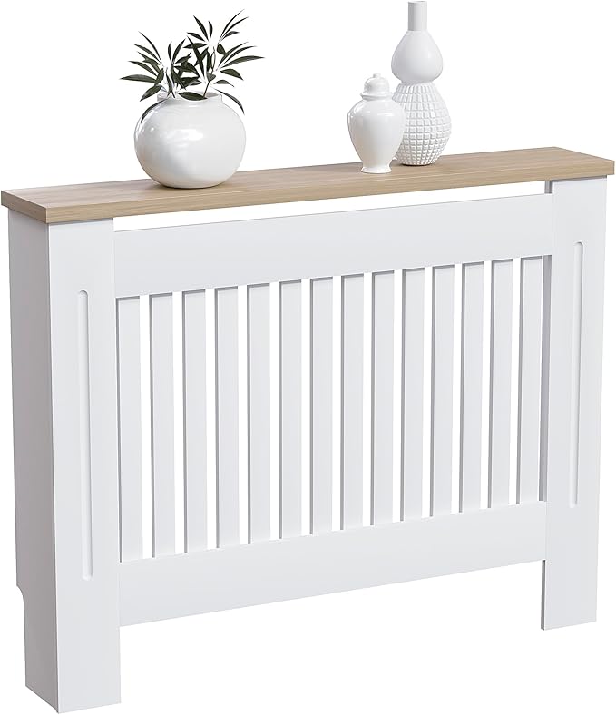 Vida Designs Arlington Radiator Cover White - Medium - Modern Shaker Style Vertical Slat Design For Optimal Heat Circulation - H83.3xW111xD19cm - Painted MDF Cabinet with Wood Top Shelf