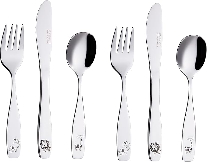 Exzact Children's Cutlery 6pcs Stainless Steel 18/10 Kids Cutlery - 2 x Forks, 2 x Safe Dinner Knives, 2 x Dinner Spoons - Safari -Giraffe Elephant Lion