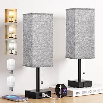 Aooshine Bedside Lamps Set of 2, Bedside Lamps with USB A+C Ports, Table Lamps for Bedroom with 3-Color Modes, Pull Chain Lamp with Grey Square Fabric Shade for Bedroom Living Room (Bulb Included)