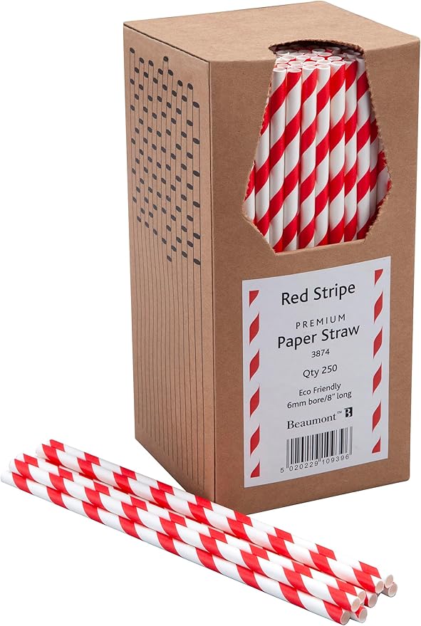 8 Inch 6mm Bore Paper Straw - RED & White Striped Pk 250