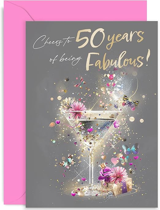50th Birthday Card for Women - Stylish Age 50 Milestone Female Birthday Card - Cheers to 50 years - Fiftieth Birthday Gifts for Her - Fabulous Gold Foil Card for Her | Blank Inside