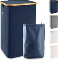 LONBET 100L Laundry Basket with Lid and Sturdy Bamboo Frame - Aesthetic Laundry Hamper with Side Handles and Made from Breathable Fabric - Laundry Bin with Removable Bag, Clothes Basket Blue