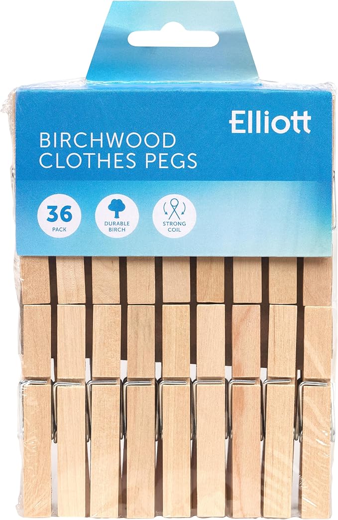 Elliott Hardwood Clothes Pegs with Metal Coil Spring for Firm Grip, Contoured to Prevent Leaving Marks on Clothing, This Pack Include 36 Pegs Ideal for Outdoor and Indoor Use