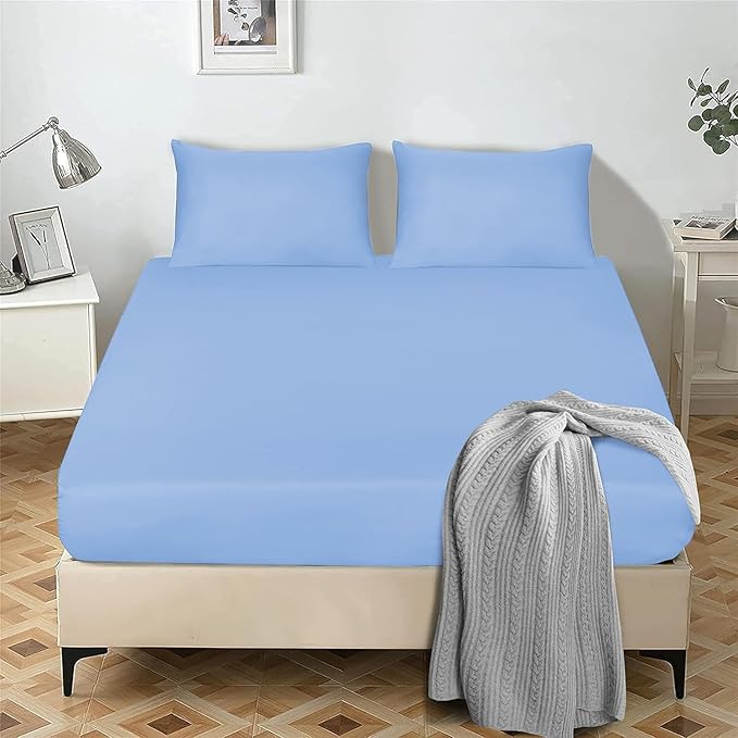 Fitted Sheet 25 cm Deep Brushed Microfiber Ultra Soft No-Iron Wrinkle-Resistant Plain Dyed Fitted Bed Sheets Hypoallergenic Breathable Sheets (Light Blue, Double)