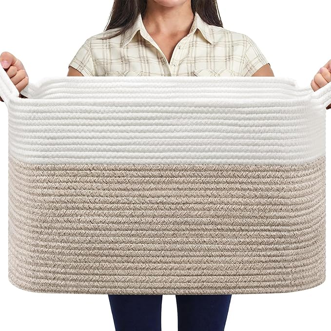 MOLMO Large Woven Storage Basket, 65L Laundry Hamper for Washing, Cotton Rope Bin for Dirty Clothes, Toy Organizer for Kids, Blanket Basket for Living Room(White&Brown)