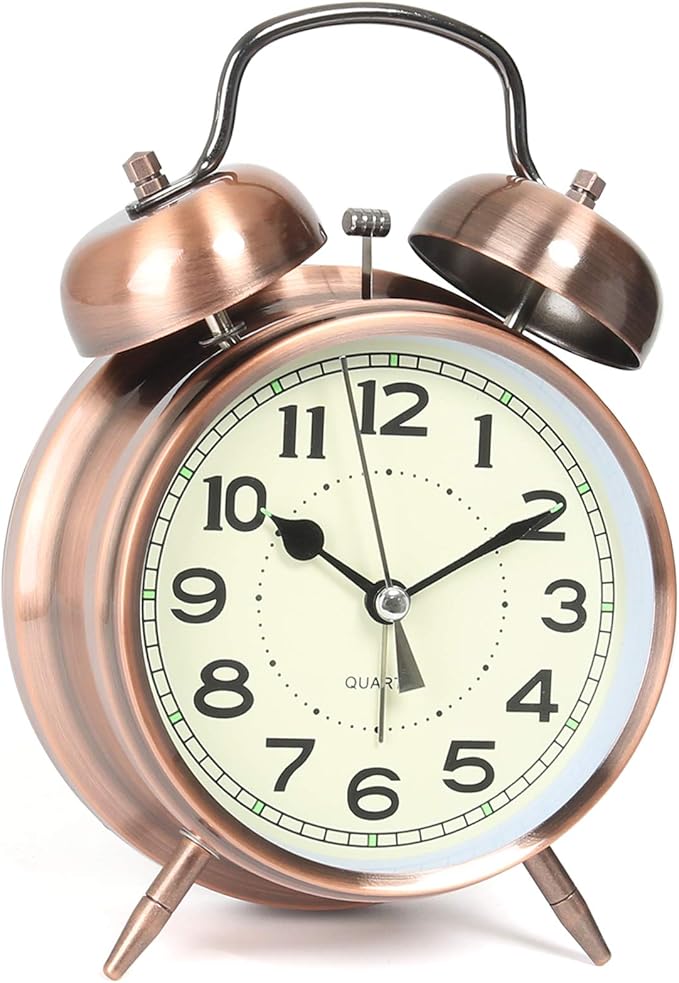Super Loud Alarm Clock for Heavy Sleepers Adults, Twin Bell Retro table clock, 4 Inch Silent Non-Ticking Quartz with Nightlight, Perfect for Bedrooms and Bedside(Copper)