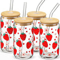 Glass Cups with Lids and Straws - Strawberry Design 4 Pcs, 16 oz Clear Drinking Glasses Set, Tumbler, Cute Iced Coffee Cups
