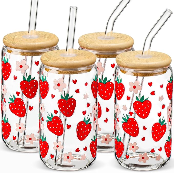 Glass Cups with Lids and Straws - Strawberry Design 4 Pcs, 16 oz Clear Drinking Glasses Set, Tumbler, Cute Iced Coffee Cups
