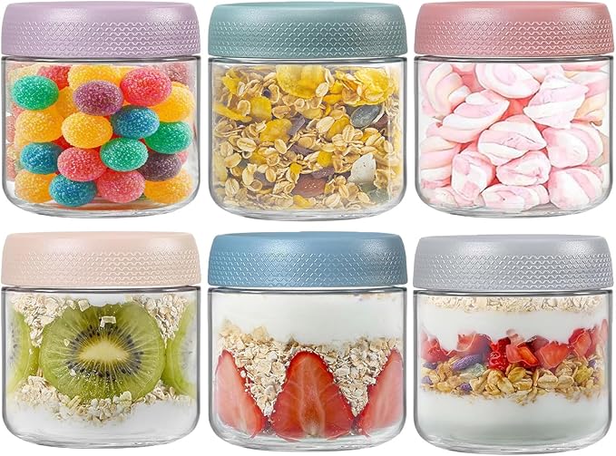 Overnight Oats Jar Container set 6, 350ml Glass Mason Jars with Lids, Cereal Milk Vegetable Fruit Salad Jam Protein Porridge Clear Storage Containers, Breakfast Pots with Lid