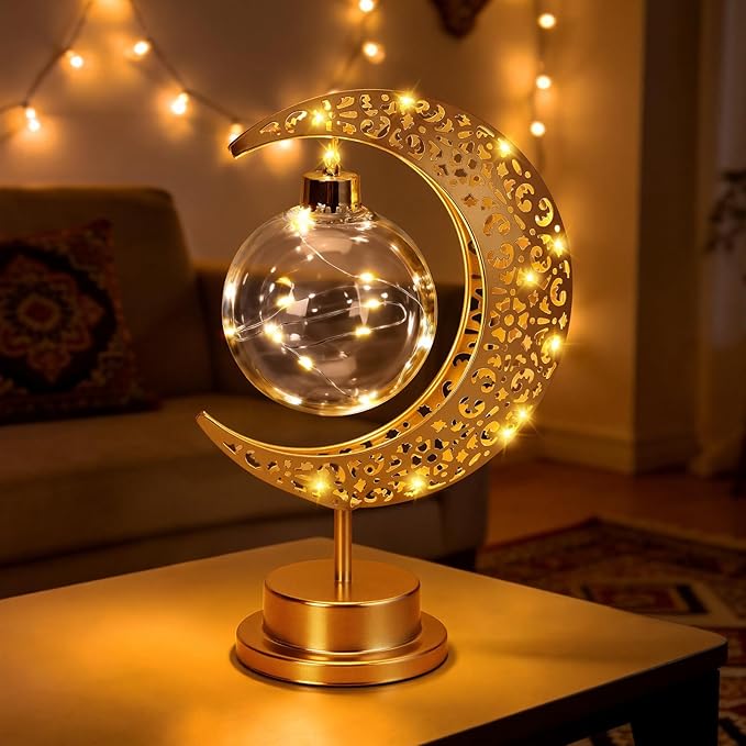 Ramadan Moon Table Lamp Crescent Lamp Ramadan Decorations Half Moon Light Battery Operated Metal Ramadan Star Lamp Lunar Lamps Eid Decorations Bedside Moons Lamps for Home Bedroom[Energy Class A+++]