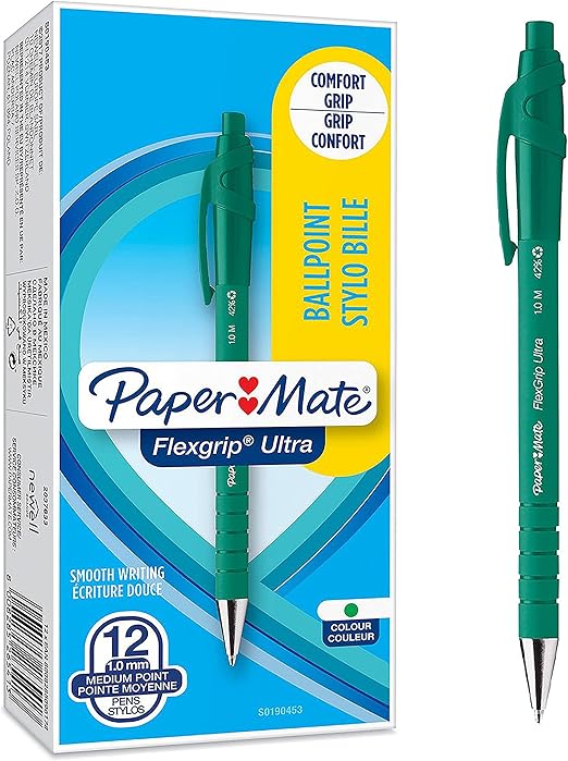Paper Mate Flexgrip Ultra Retractable Ballpoint Pens | Medium Point (1.0mm) | Green | 12 Count