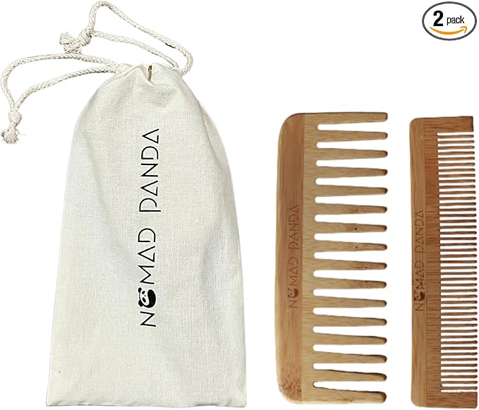 Bamboo Comb Set - 2 Combs, Wide & Fine Teeth, Curly Hair, Woman & Man, Travel Size