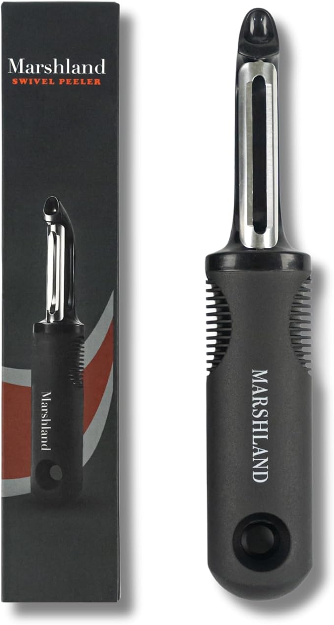 Marshland Premium I-Shape Swivel Vegetable & Fruit Peeler - Non-Slippery Stainless Steel - Durable & Dishwasher Safe Potato Peeler for Kitchen, Strong Grip Skin Peeler (Black)