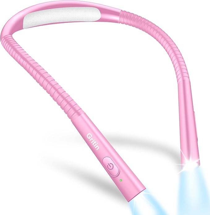 Gritin Book Light, Rechargeable Neck Light for Reading - 4-Color&5-Brightness,Bendable Arms,30-min Timer,80+ Hrs Runtime,Neck Curve Fit Ergonomic Design, Comfortable for Reading-Rose
