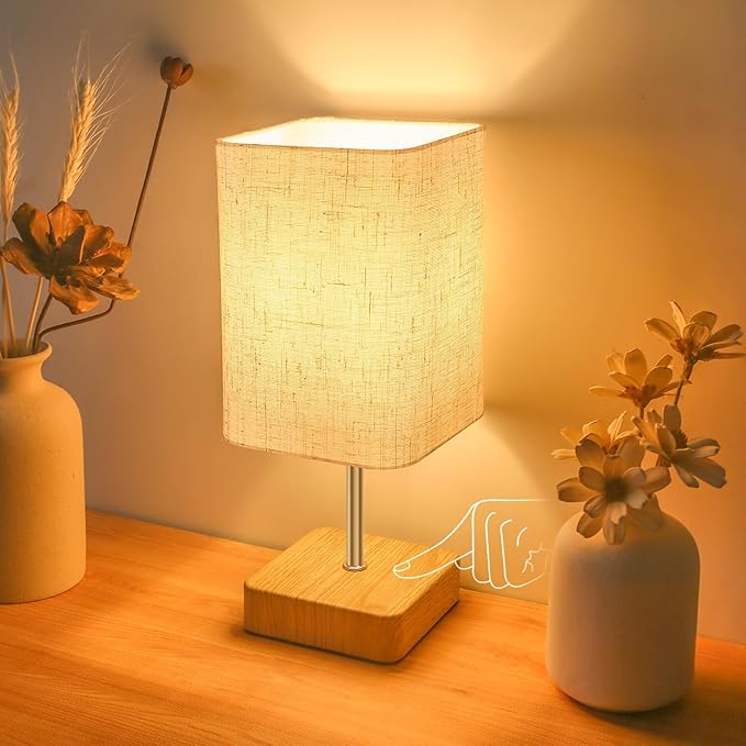 Touch Control Table Lamp, Dimmable Touch Control Nightstand Lamp, Bedside Touch Lamp with Wood-Grain Base ＆ Beige Fabric Shade for Bedroom, Living Room, Children's room, Bulb Included[Energy Class F]