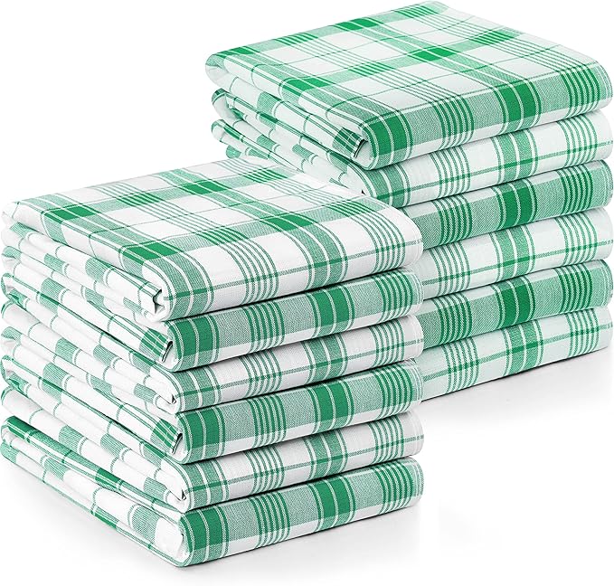 Utopia Towels Plaid Check Dish Towels, 15 x 25 Inches, 100% Ring Spun Cotton Super Absorbent Linen Kitchen Towels, Soft Reusable Cleaning Bar and Tea Towels Set (12 Pack, Green, White) (UT1047)
