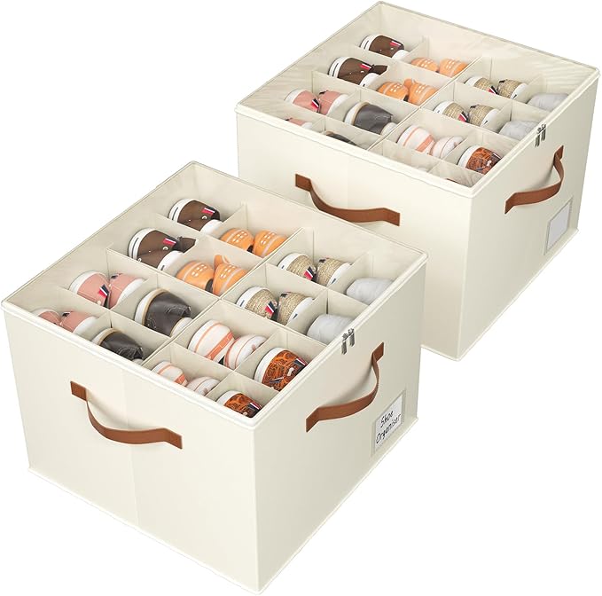 Shoe Organiser - Shoe Storage Box for Closet, Shoe Storage Organiser with Zipable Clear Cover, Adjustable Dividers Shoe Boxes, Shoe Storage Fits16 Pairs -2 Pack Beige
