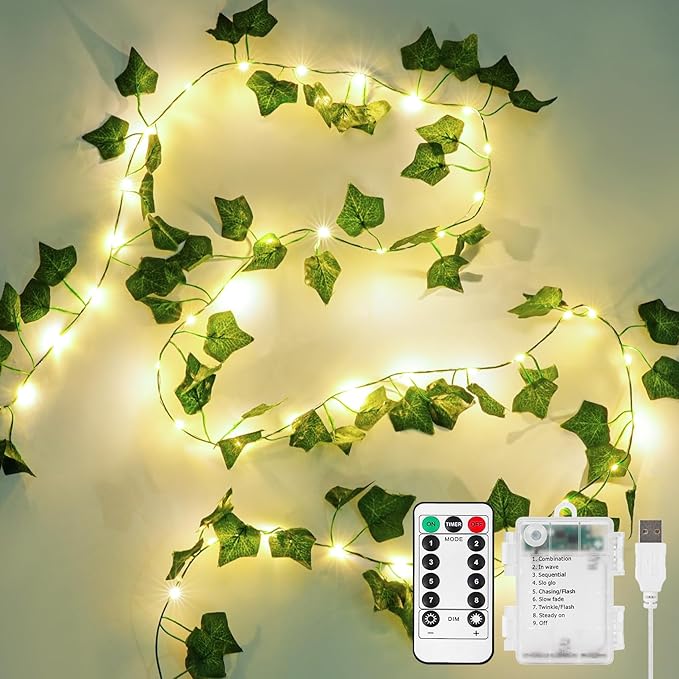 KASZOO 10M 100 LED Vines with Fairy Lights - Ivy Fairy Lights with Remote, Fake Vines Battery/USB Operated, Artificial Ivy Garland for Home Kitchen Garden Office Wedding Wall Decor (Warm White)[Energy Class B]