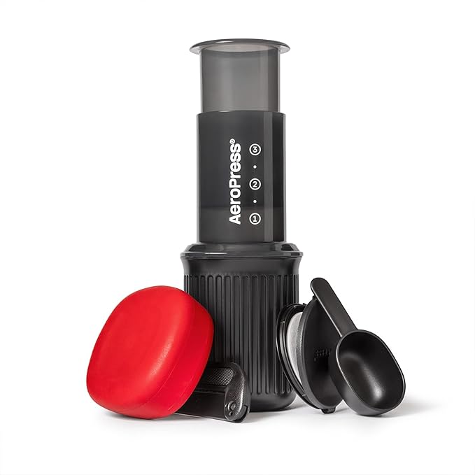 Aeropress Go Portable Travel Coffee Press Kit, 1-3 Cups in a Minute, Coffee, Espresso, & Cold Brew Maker, Manual Coffee Making Machine for Travel, Includes Mug & Lid, Grey