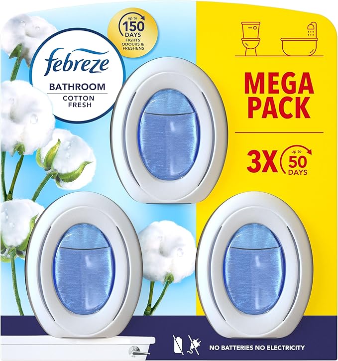 Febreze Bathroom, Continuous Air Freshener Cotton Fresh, 3 Unit, Fights Odour and Freshens
