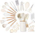 Kitchen Non Stick Cooking Utensils Set – Heat Resistant Silicone Utensils with Wooden Handle – Ladles, Spoons and Spatulas Set – Kitchen Tools & Accessories – 35pcs, Cream – by Nuovva