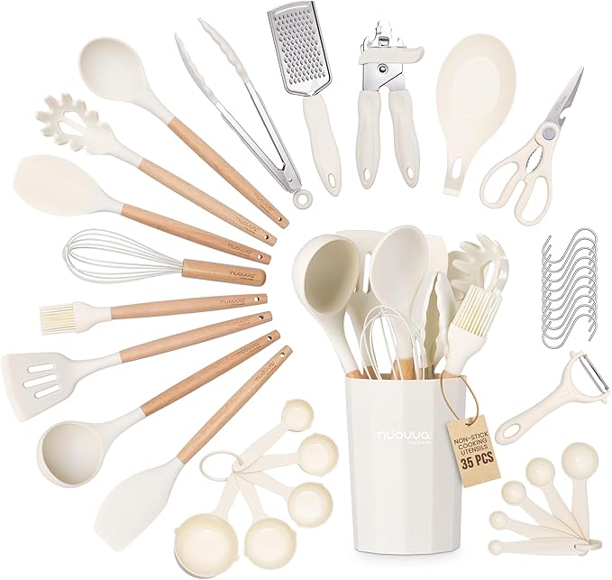 Kitchen Non Stick Cooking Utensils Set – Heat Resistant Silicone Utensils with Wooden Handle – Ladles, Spoons and Spatulas Set – Kitchen Tools & Accessories – 35pcs, Cream – by Nuovva