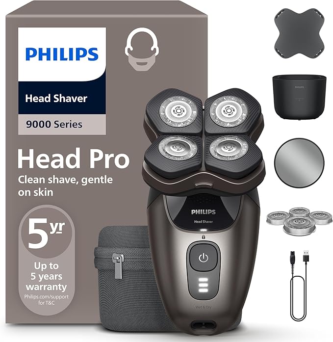 Philips Head Shaver Pro 9000 Series - Skull Shaver for Men and Women, 360° Flexing Head & ComfortCut Blades for Clean Shave, Gentle on Skin, Model HS9980/15
