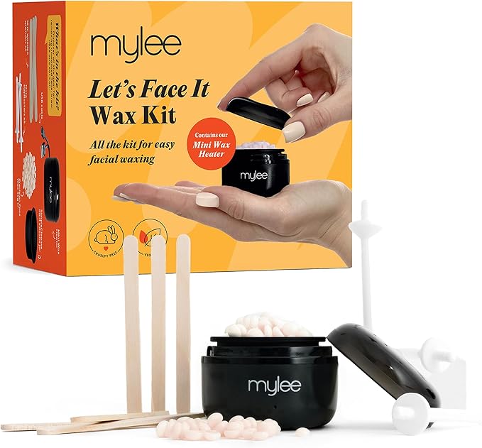 Mylee Let’s Face It Wax Kit – Professional Facial Waxing Kit with Black Mini Heater, 50g Precision Face Wax Beads (Peach & Chamomile), Wooden Waxing Spatulas, Ear & Nose Wax Applicators & USB Cable