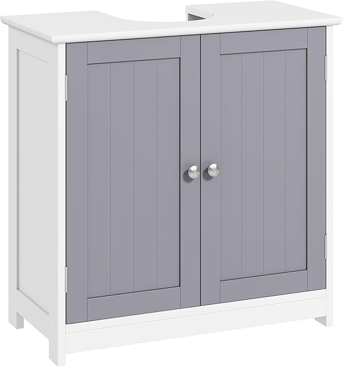 kleankin Under Sink Bathroom Cabinet, Freestanding Under Sink Cabinet with 2 Doors and Adjustable Shelf for Basin without or with Pedestal, White and Grey