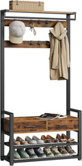 VASAGLE Hall Tree with Bench and Shoe Storage, Hallway Coat Rack with Shoe Bench, 2 Fabric Drawers, 10 Hooks, 30 x 80.4 x 181.6 cm, Vintage Brown and Ink Black HSR429B01