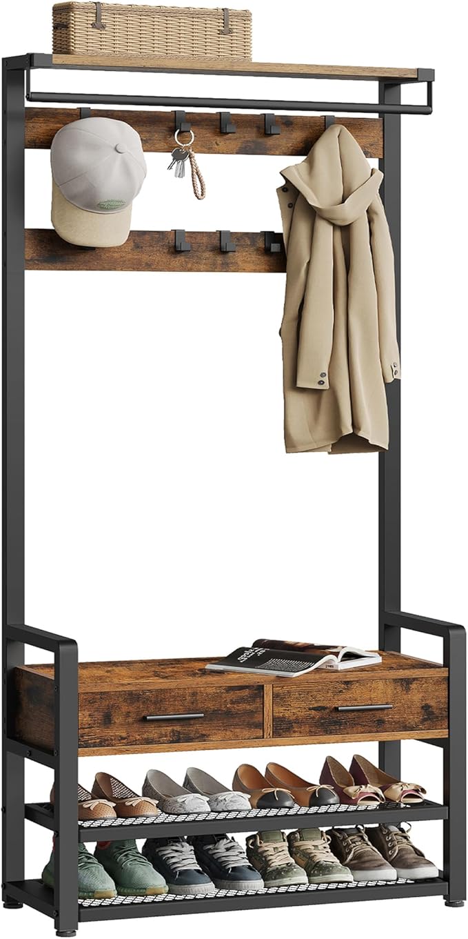 VASAGLE Hall Tree with Bench and Shoe Storage, Hallway Coat Rack with Shoe Bench, 2 Fabric Drawers, 10 Hooks, 30 x 80.4 x 181.6 cm, Vintage Brown and Ink Black HSR429B01