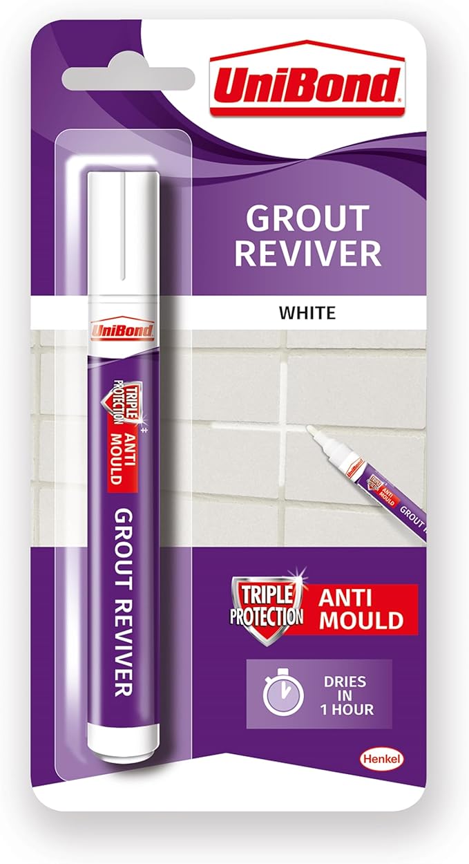 Unibond Grout Reviver Pen, White Grout Pen for Bathroom Grout Joints, Easy to Use Tile Grout Pen, Whitener for Restoring Discoloured & Faded Joints, 1x7ml[Energy Class A]