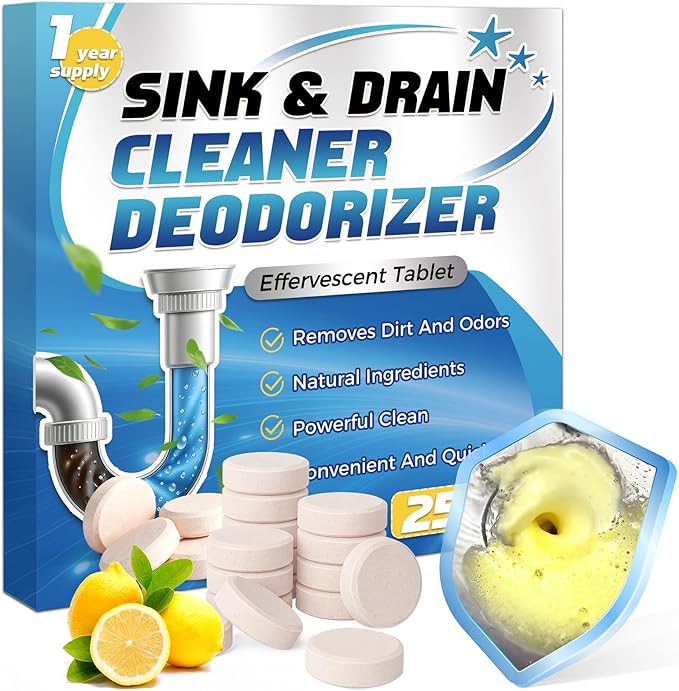 Smelly Drain Cleaner Tablets 25 Tablets, Sink and Drain Cleaner for Bad Smells, Drain Smell Eliminator Quickly for Shower, Sewer and Toilet 1 Year Supply (125g)