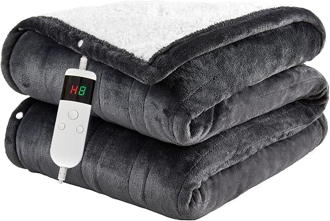 Heated Throw Electric Blanket, 10 Heating Settings, 1-8h Timer overheat Protection, Machine Washable, Flannel & Sherpa Full Body Warming, Electric Throw Blanket for Sofa