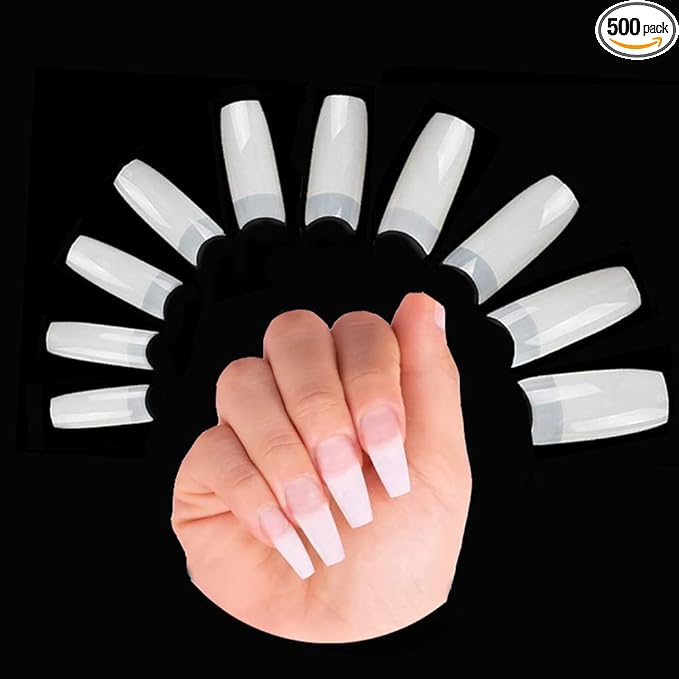 500 Pieces False Nails Tips for Acrylic Nails, Half Cover Fake Nail Extension Tips, Square Acrylic Tips (10 Sizes, Natural)
